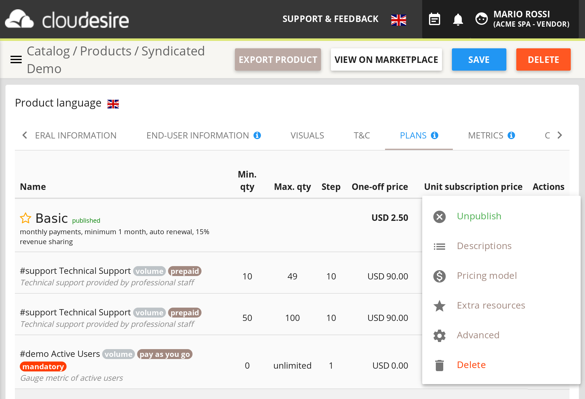 Vendors Control Panel: Plans list - actions